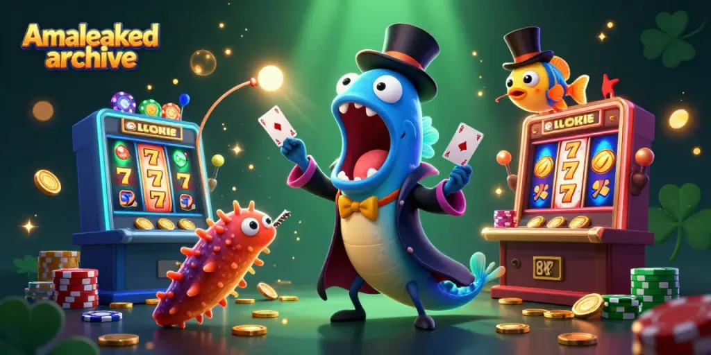 Engage with the vibrant Amaleaked archive scene showcasing a bioluminescent eel magician performing classic casino magic.