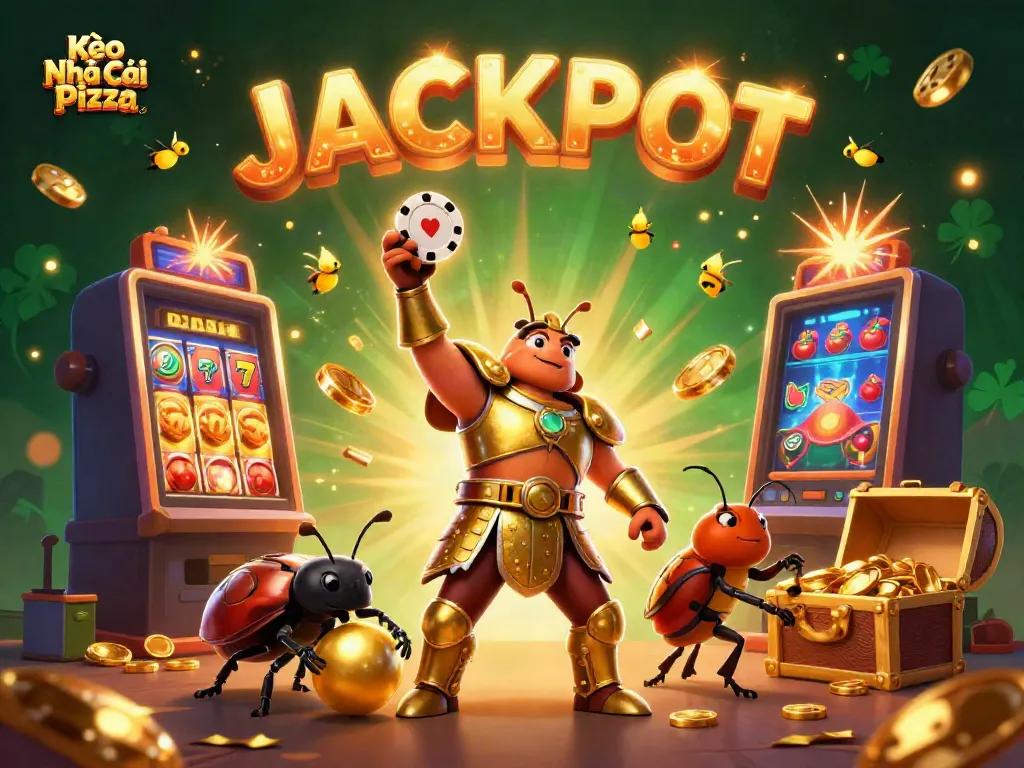 Engage with Kèo Nhà Cái Pizza through a vibrant illustration of a victorious beetle championing a poker chip amidst casino elements.