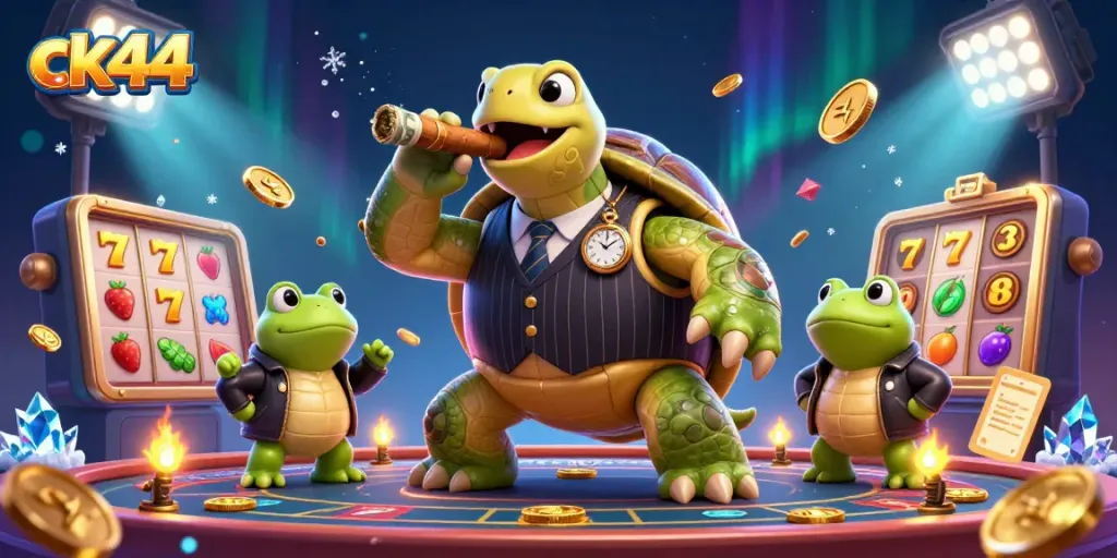 Experience thrilling slot action with ck44's engaging 3D cartoon characters in this vibrant casino scene.