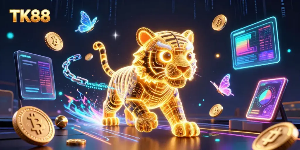 Experience the vibrant casino magic of TK88 with our neon-wireframe golden tiger and crypto elements.