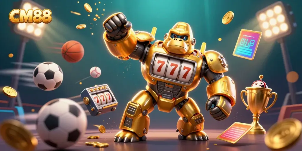 Engage with CM88's thrilling game experience featuring a golden gorilla mech and exciting sports elements.