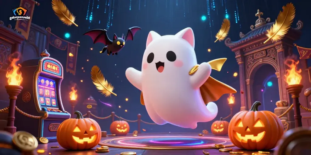 Experience thrilling gameplay with galaxymacau88's ghost cat and bat in a haunted casino setting.