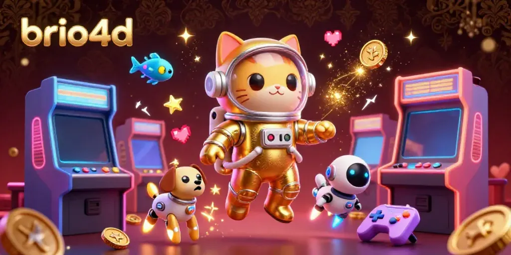 Experience engaging gameplay with brio4d in this vibrant 3D casino scene featuring a golden space cat and exciting game elements.