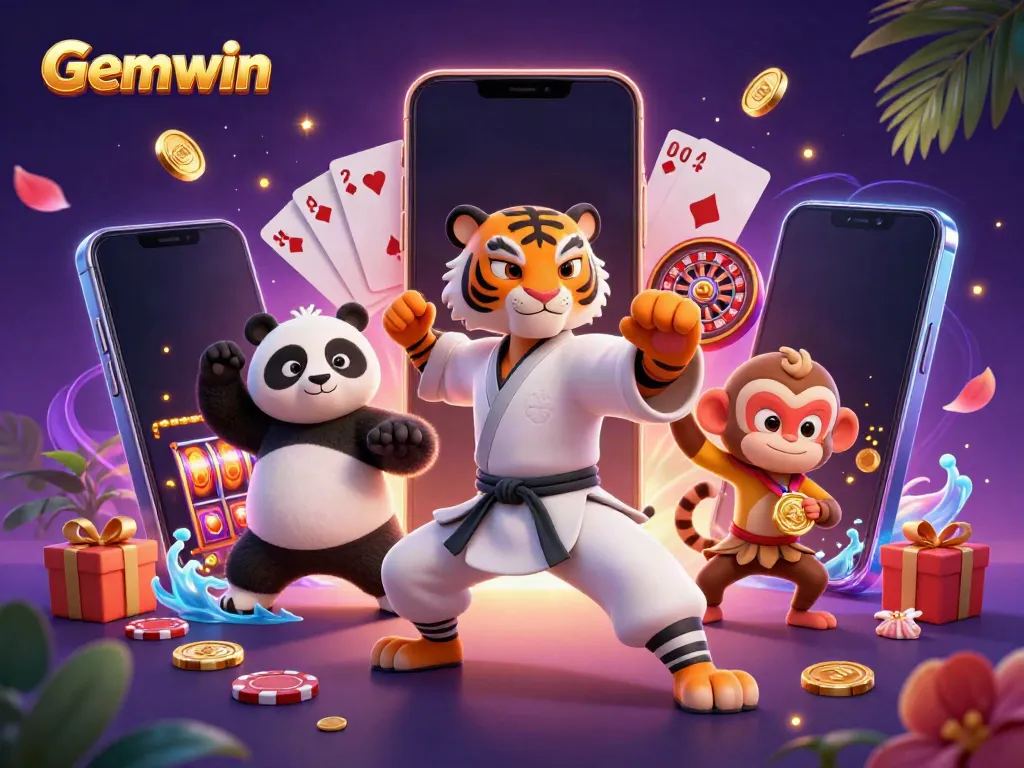 Experience the thrill of Gemwin with a kung fu tiger, panda disciple, and monkey in a dynamic casino-themed scene.