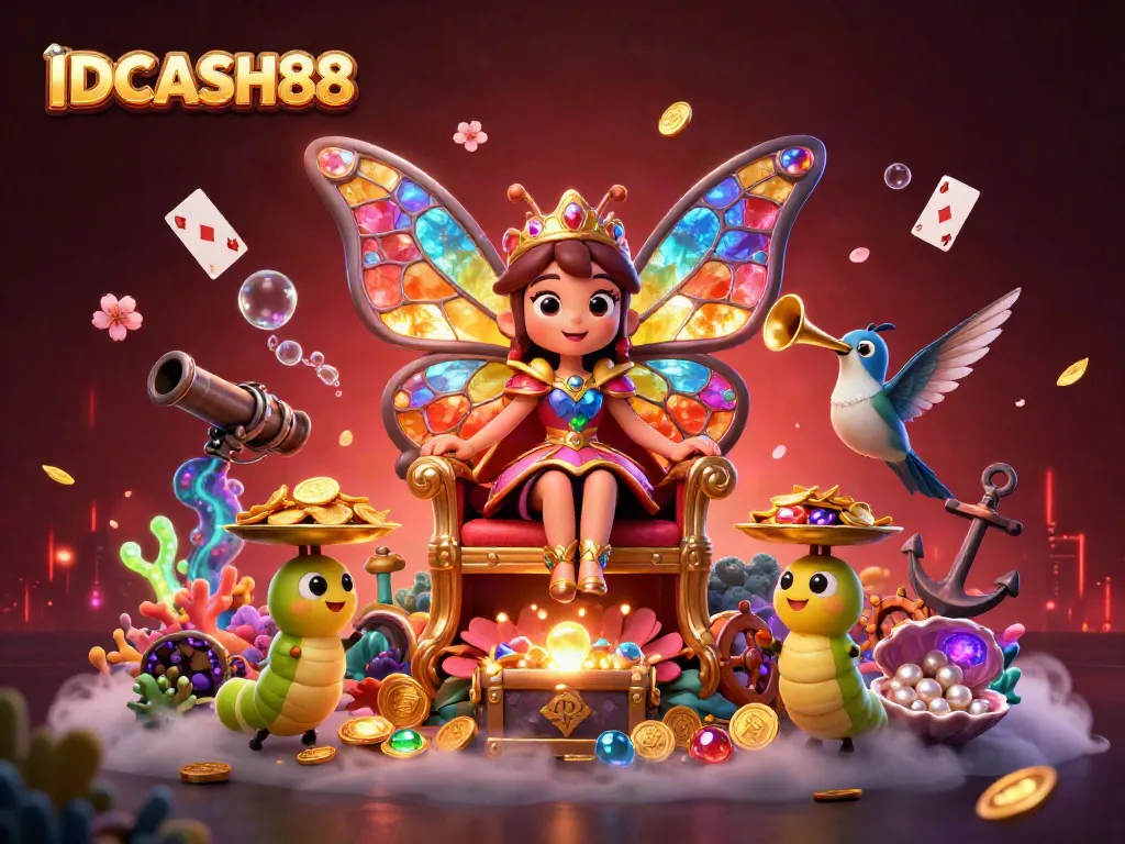 Play and win with IDCASH88, featuring a vibrant scene with a butterfly queen and treasures in a thrilling casino atmosphere.