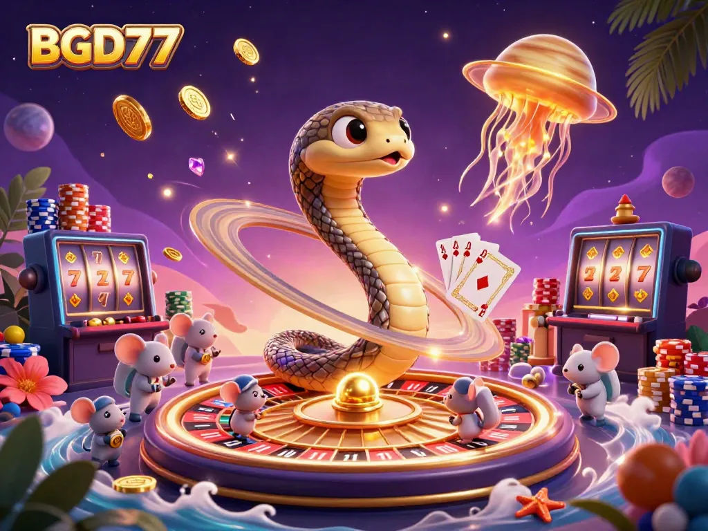Engage with BGD77 at an interstellar casino, experience space-themed games and vibrant illustrations.