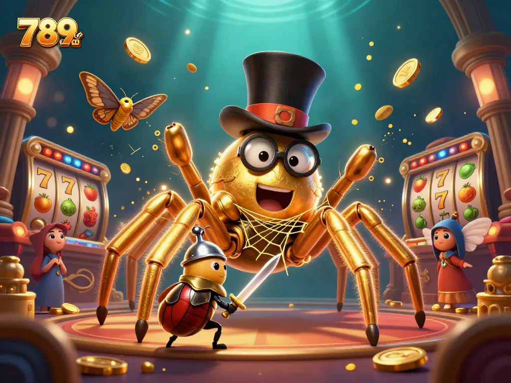 Engage with thrilling 789CLUB slots through a creative 3D casino scene featuring a golden tarantula and beetle knight.