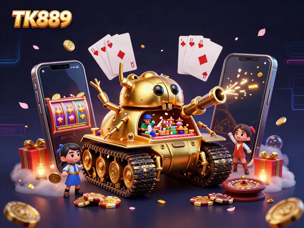 Engage in thrilling gaming adventures at TK889 with vibrant casino elements and a dynamic beetle tank.