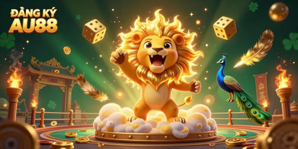 Experience the excitement of ĐĂNG KÝ AU88 with a roaring sun lion surrounded by golden dice and peacock in 3D illustration.