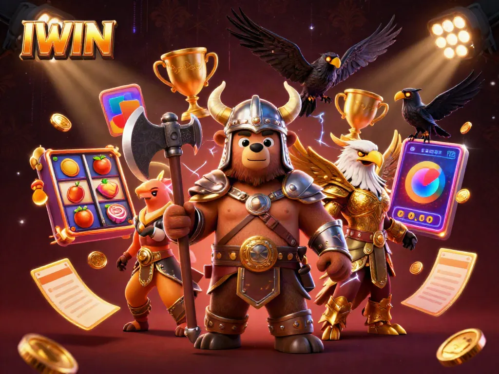 IWIN brings excitement to players with a lively casino scene featuring dynamic characters and slot game elements.