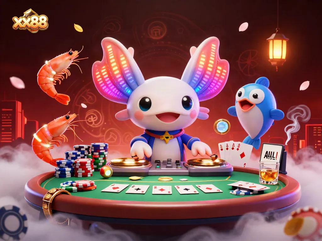 Experience the thrill of xx88 gambling with a vibrant 3D scene featuring poker action and colorful underwater characters.