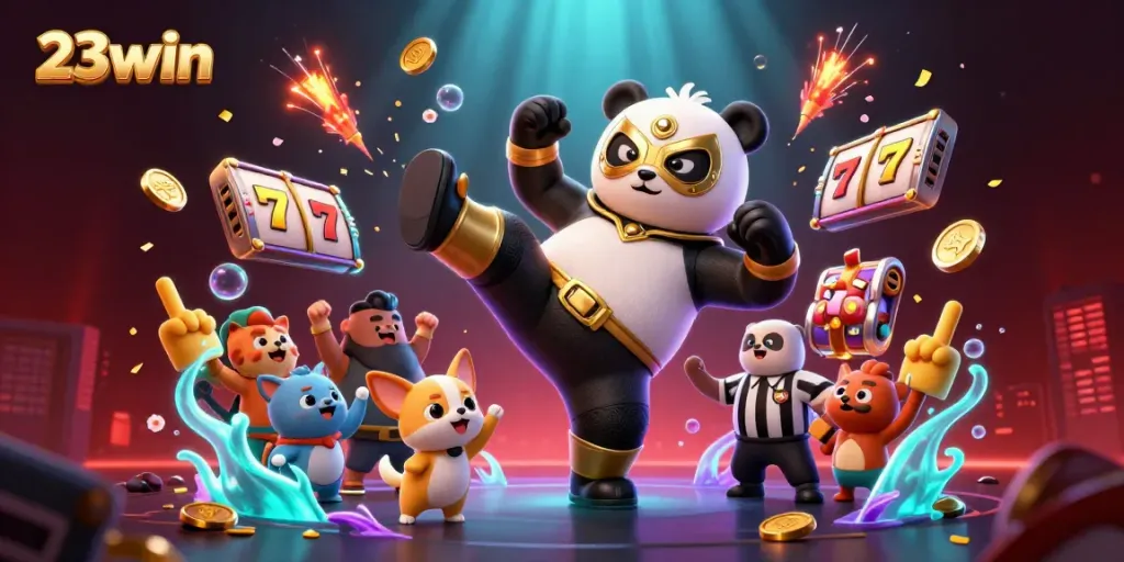 Experience thrilling gambling with 23win in a lively casino setting featuring action-packed characters.