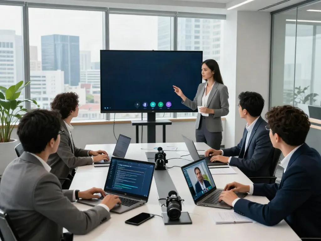 Deepfake-protected meetings showcasing professionals in a secure video conference, engaging with advanced technology.