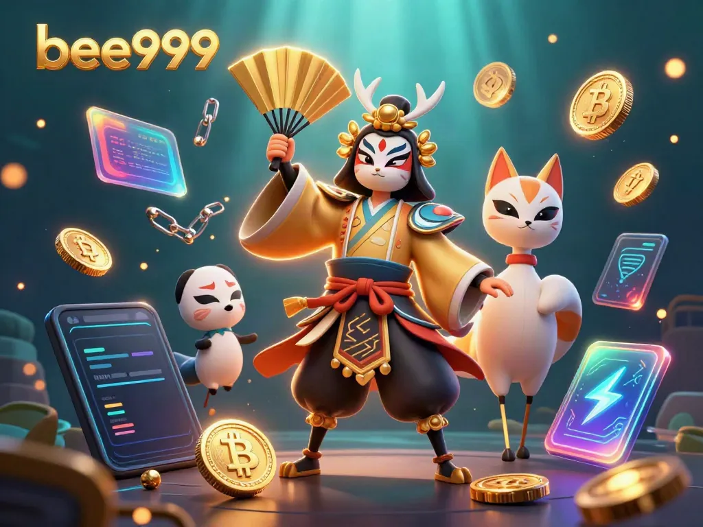 Experience bee999's vibrant gaming world with a dynamic illustration of animated casino elements.