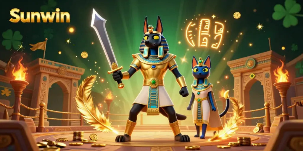 Experience the thrill of Sunwin with Anubis and Bastet in an interactive online casino setting.