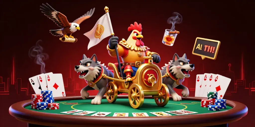 Witness the thrilling AD88 casino battle scene featuring a rooster warlord in a golden chariot.