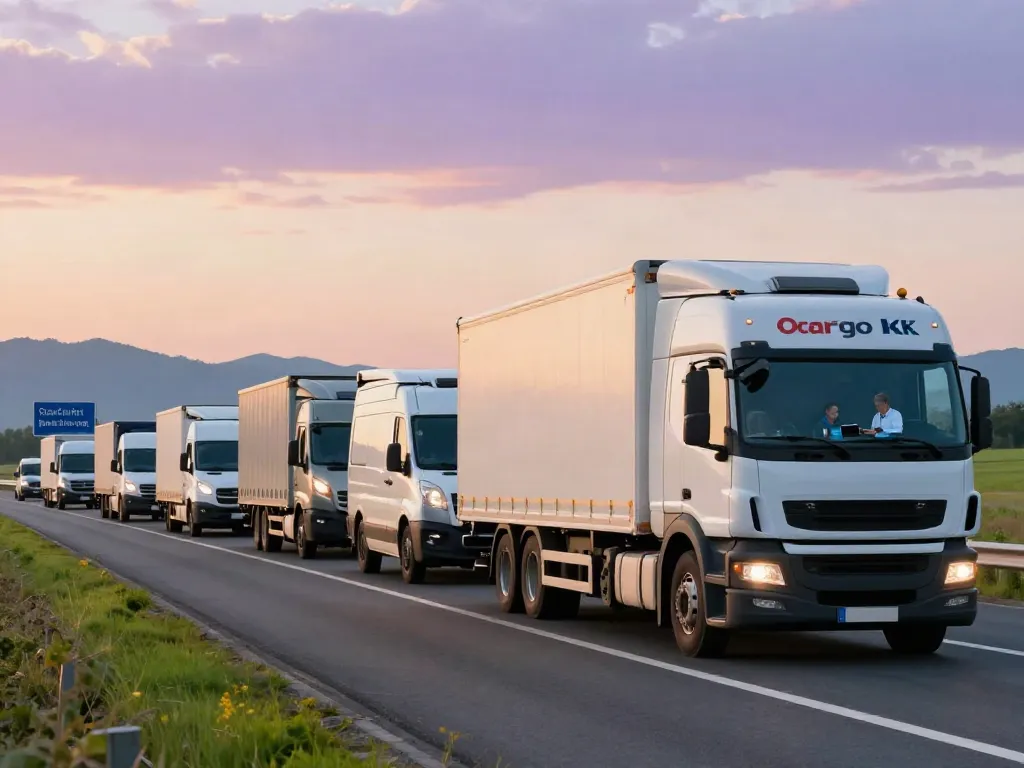 Ocargo LKW Transport auf der Autobahn mit mehreren LKWs und Fahrern, die Routenplanung besprechen.