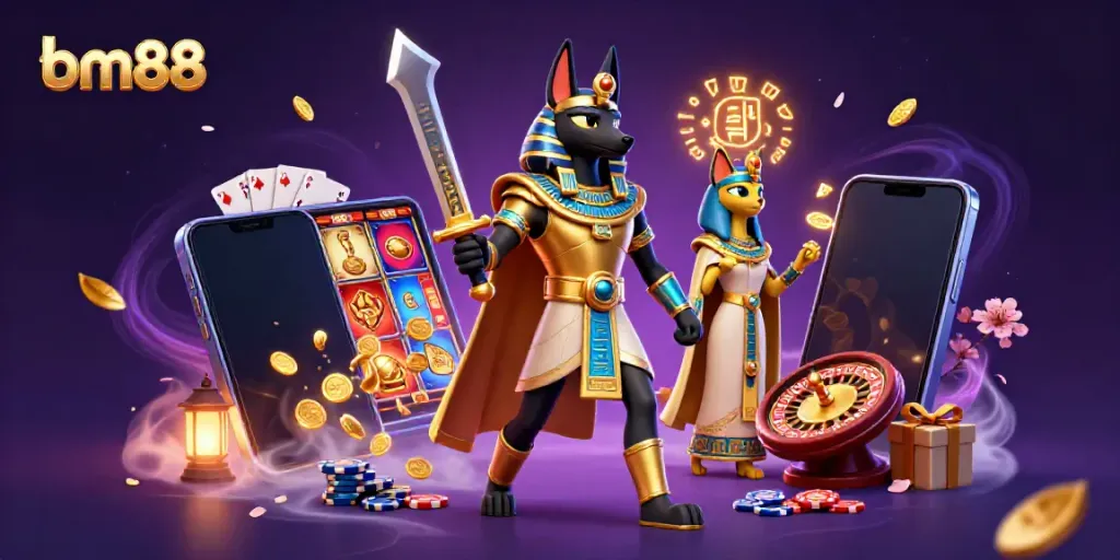 Engage with vibrant gameplay at bm88 with Anubis, Bastet, and dazzling casino elements.