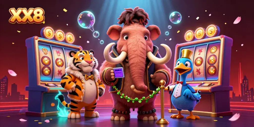 Engaging scene showcasing XX8's vibrant casino experience with a woolly mammoth bouncer, saber-tooth tiger, and dodo bird.