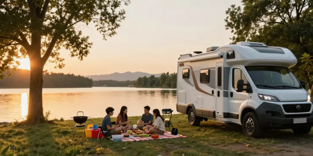Family enjoying a picnic by their lithium RV battery-powered camper van at sunset.