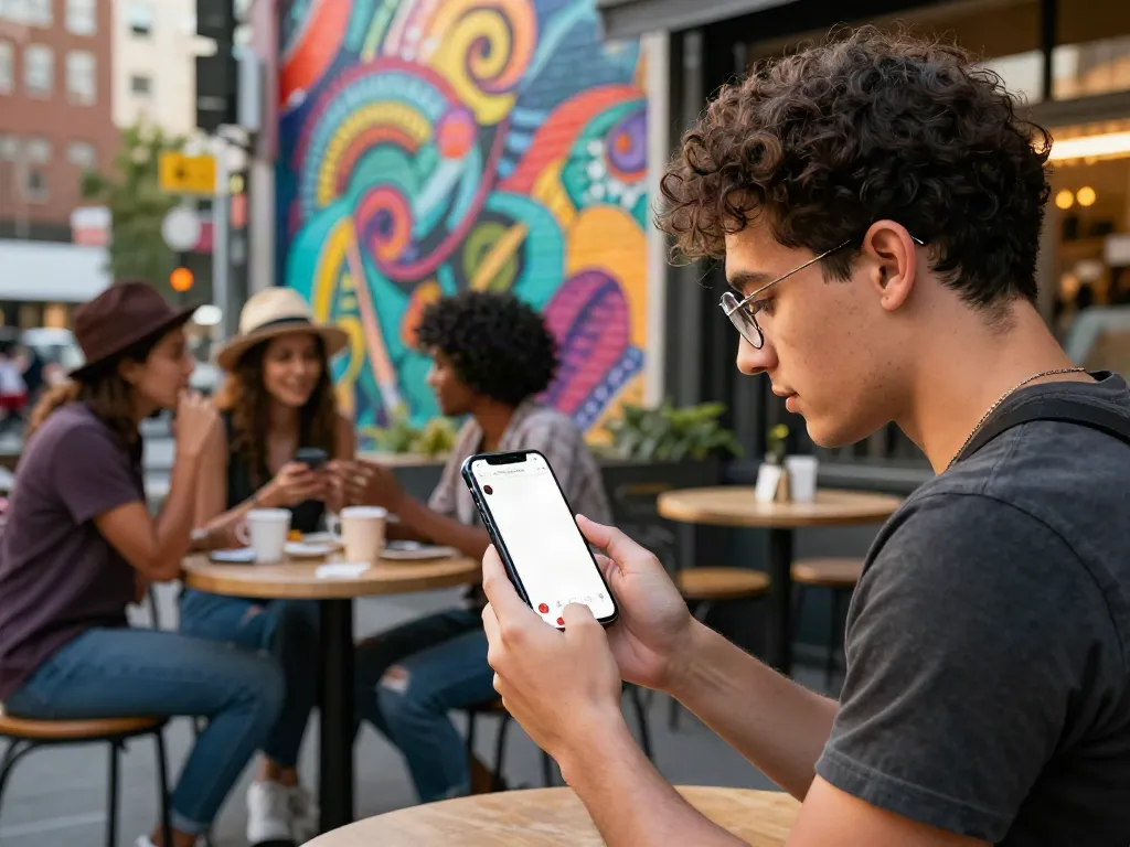Engaging scene of a young person using insanony to view Instagram stories anonymously in a vibrant urban setting.
