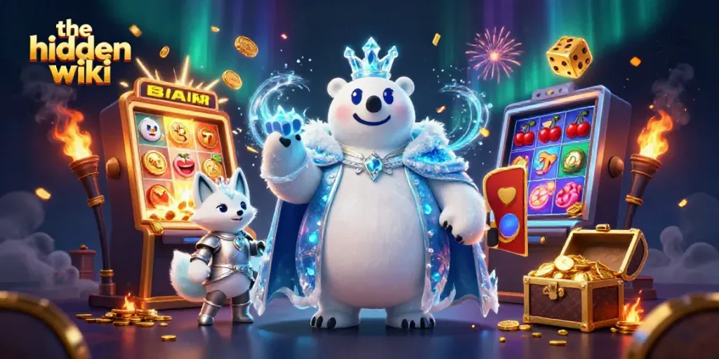 The hidden wiki showcases an engaging scene with a polar bear king and a silver-armored fox amidst casino excitement and jackpot symbols.