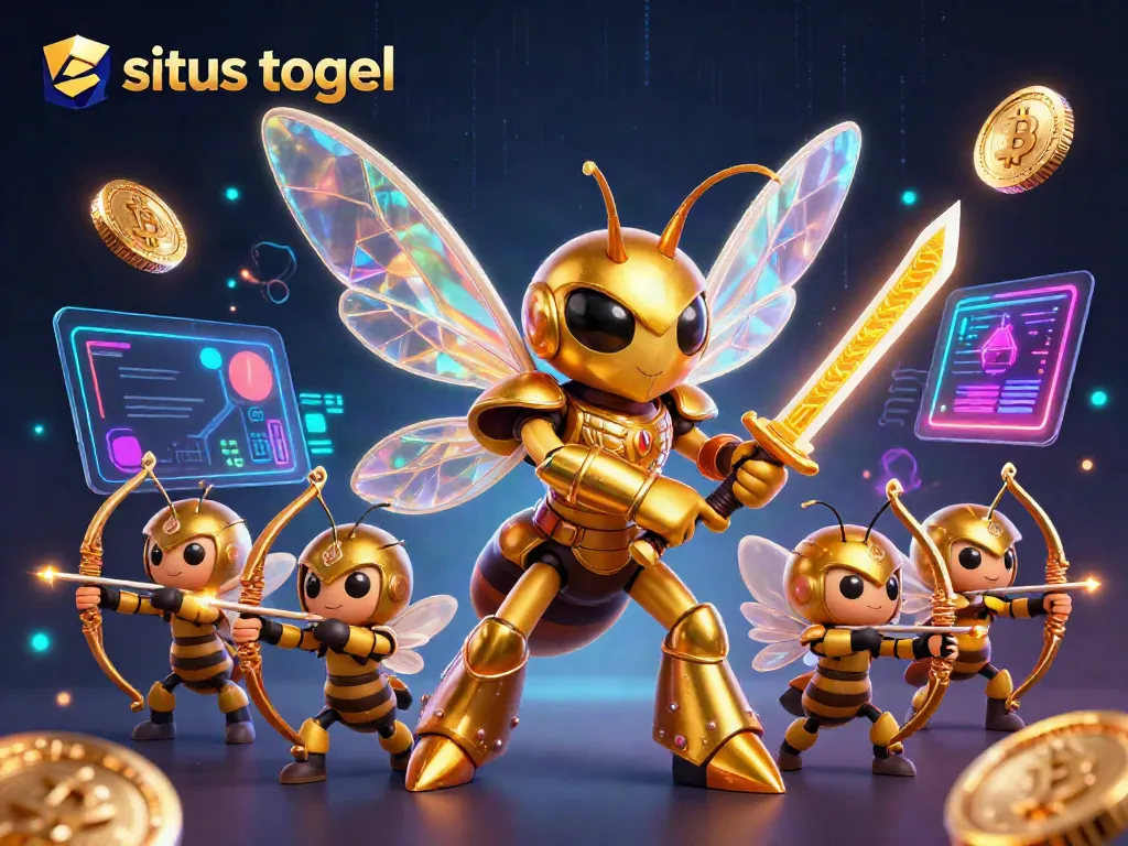 Experience situs togel excitement with a dynamic illustration featuring a golden hornet samurai and bee archers.