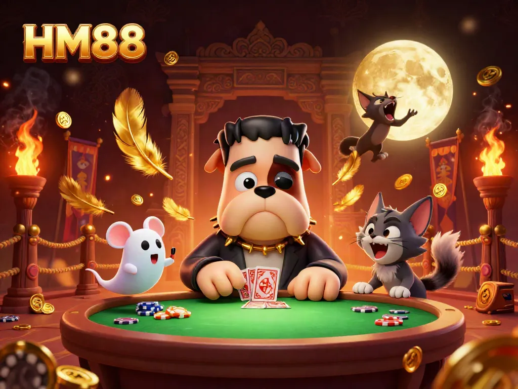 HM88 platform showcasing a cartoon Frankenstein bulldog dealing cards at a spooky green-lit table, emphasizing fun gambling moments.