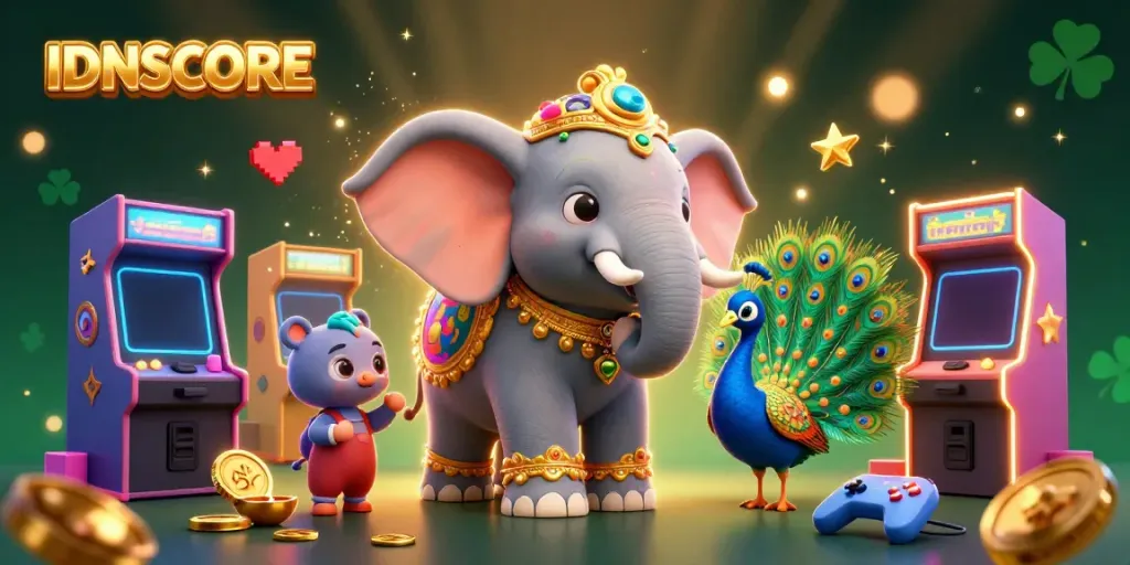Engaging illustration of IDNSCORE showcasing a festive 3D elephant and peacock amidst vibrant gaming elements, ideal for online gambling.