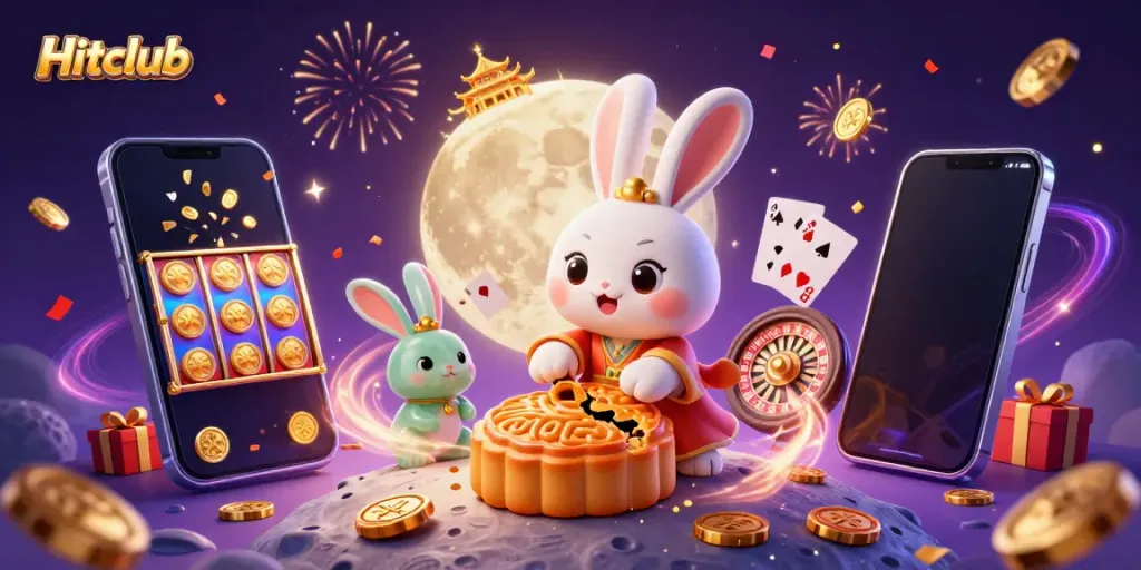 Hitclub 3D moon rabbit celebrates with spinning slot reels and golden coins in a festive lunar casino