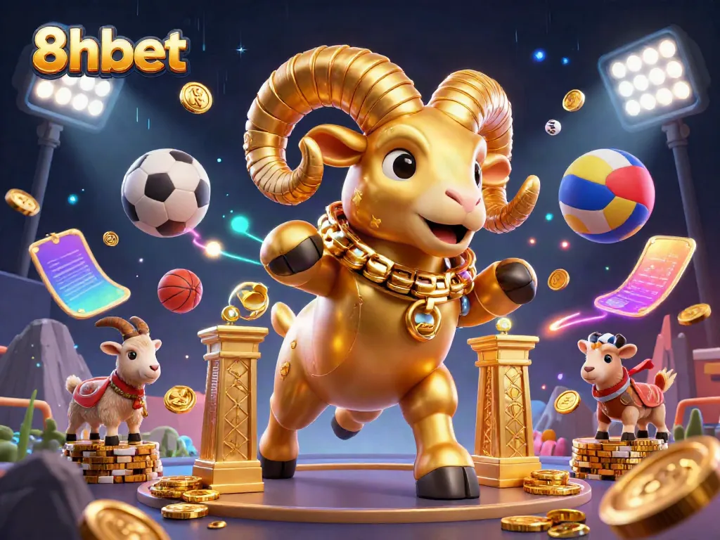 Experience the ultimate gaming excitement with 8xbet's captivating golden ram surrounded by vibrant sports elements.