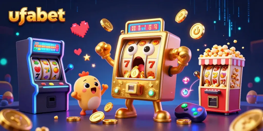 Win big with ufabet at this lively slot machine jackpot scene, full of vibrant animations.
