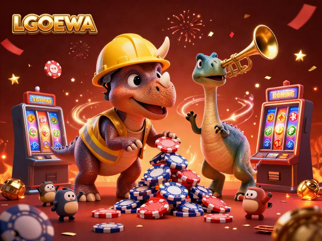 Engage with LGODEWA's casino action featuring a cheerful triceratops building poker chip towers, surrounded by winning slot machine symbols.