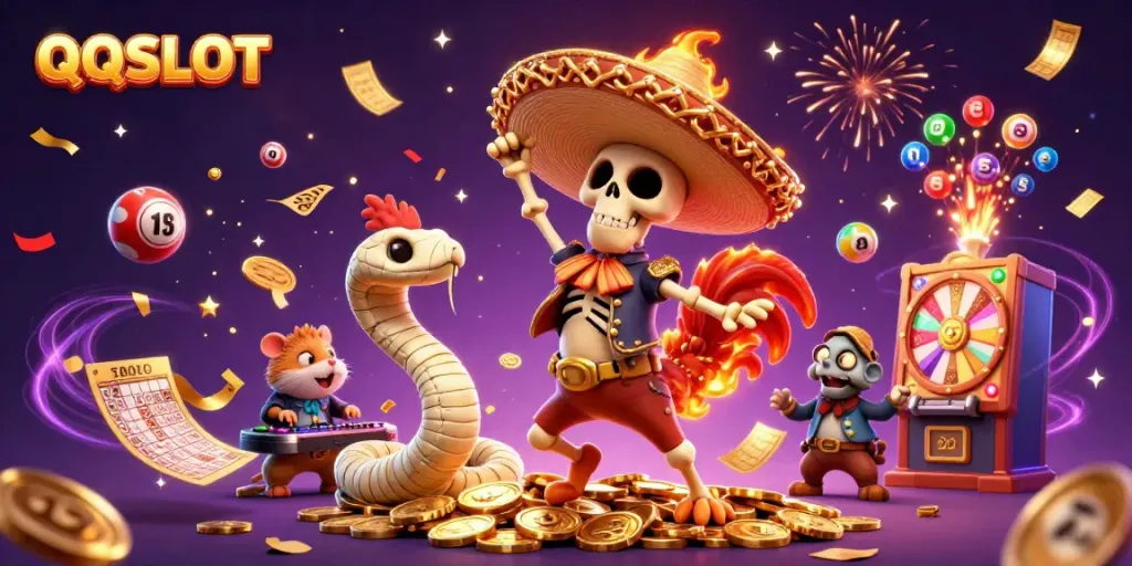 Experience the excitement of QQSLOT with a jubilant skeleton mariachi rooster and vibrant casino elements.