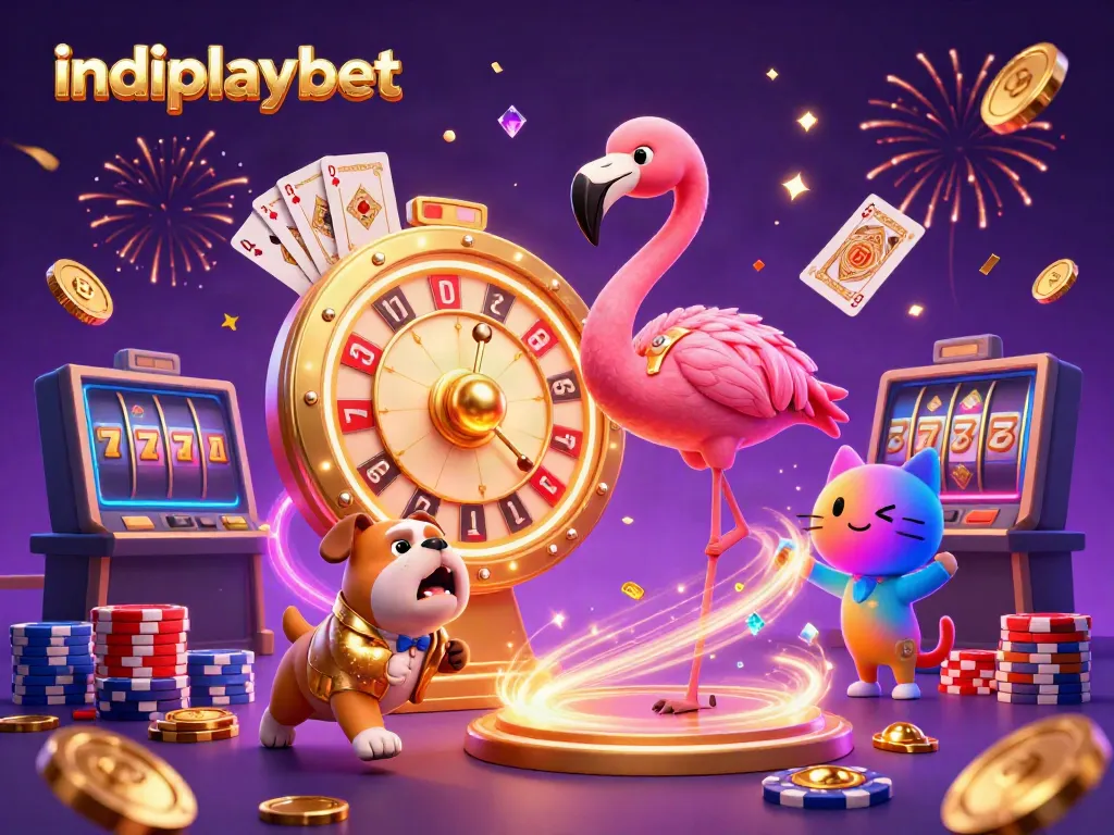 Indoplaybet menghadirkan animasi kartun kasino menarik dengan flamingo, bulldog, dan kucing sebagai pembantu skor, dikelilingi oleh koin emas.