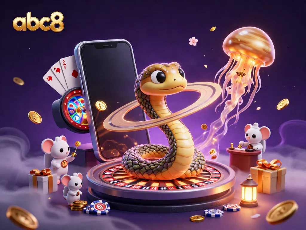 Engage with the thrilling world of abc8 as a cosmic snake spins a roulette wheel amid playful astronaut mice in this vibrant 3D illustration.