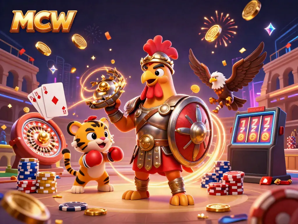 MCW showcases exciting gameplay with a cartoon rooster, tiger cub, and eagle amidst casino elements