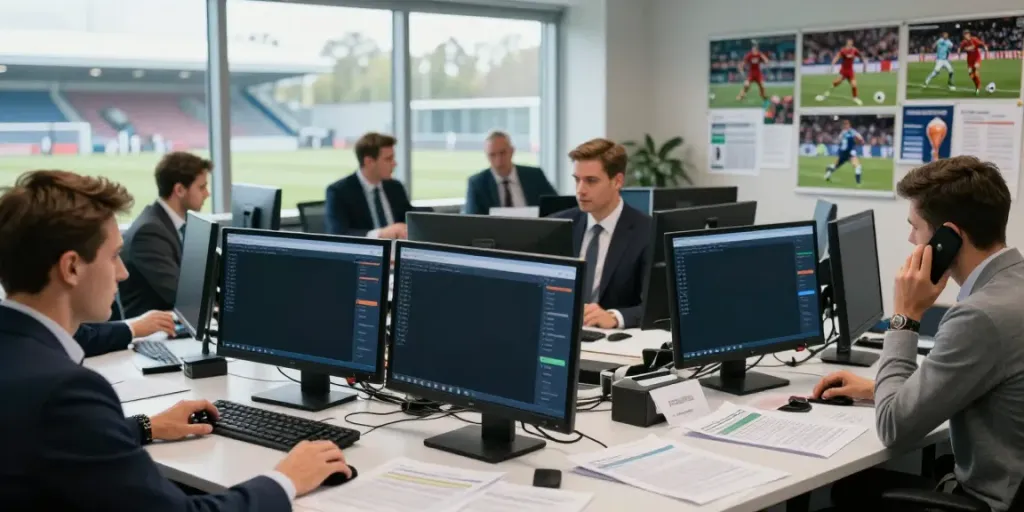 ข่าวซื้อขายนักเตะ live updates in a busy newsroom with monitors showing transfer news.