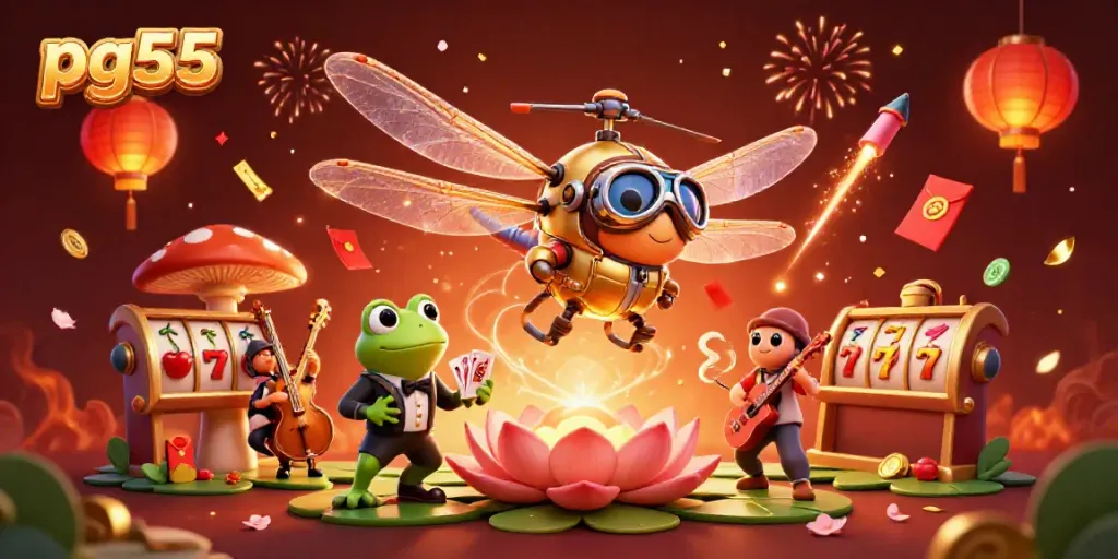Engage with the thrilling atmosphere of pg55 as the dragonfly pilot flies over a vibrant lily pad casino, where the frog croupier deals cards.