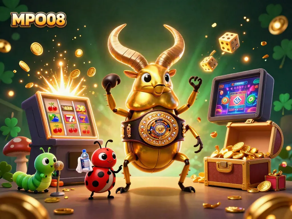 Experience exciting wins at MPO08 with a dynamic casino scene featuring vibrant characters and elements.