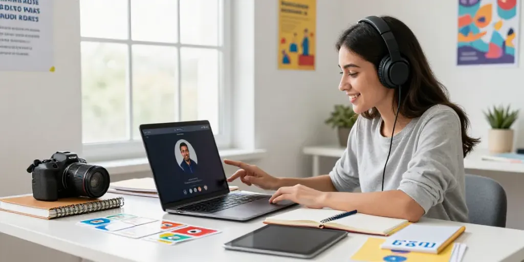 Situs toto displayed on a laptop screen as a student engages in an online language course.