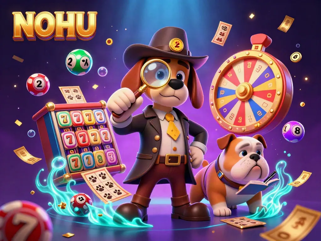 Engage with NOHU's vibrant casino world, exploring slot reels and golden poker chips amidst lively character interactions.