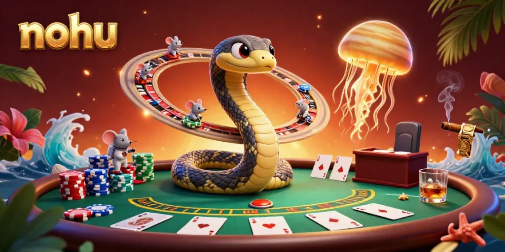 Experience gambling excitement at Nohu with astronauts betting on a cosmic roulette wheel surrounded by casino elements.