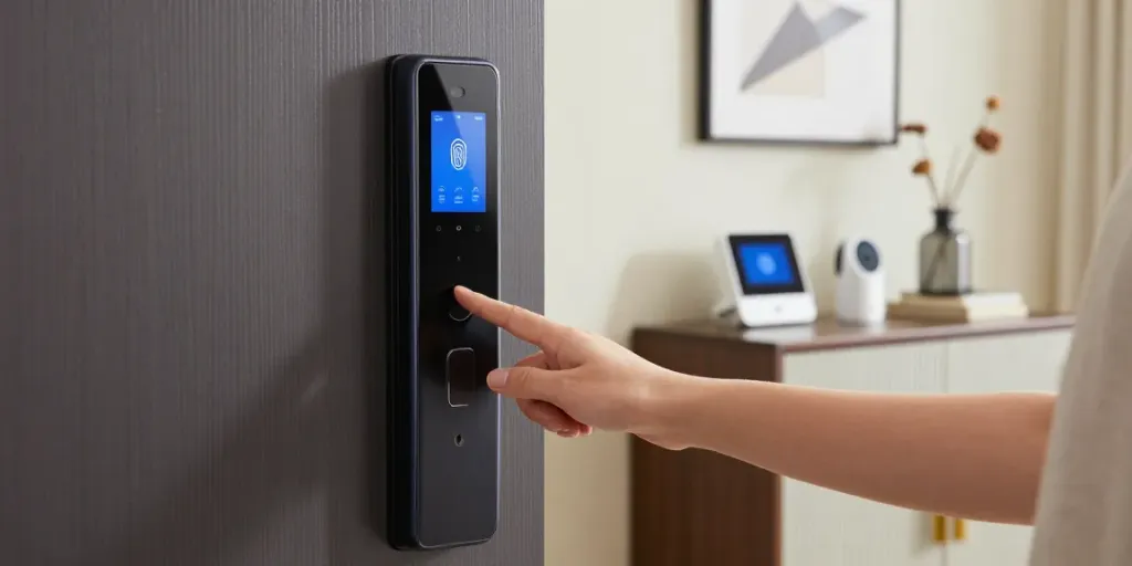 خرید قفل هوشمند showcasing a modern smart lock in a stylish home entrance.