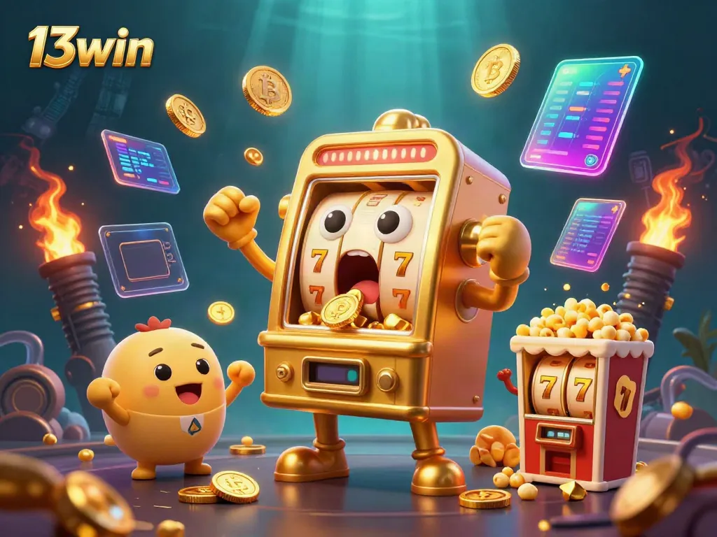 Experience the excitement of 13win's golden slot machine striking a jackpot in a vibrant casino scene.