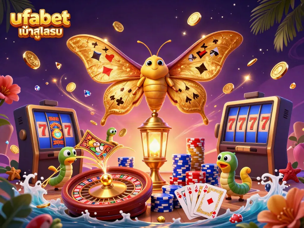 Experience the thrill of ufabet เข้าสู่ระบบ with colorful casino imagery, golden coins, and vibrant designs.