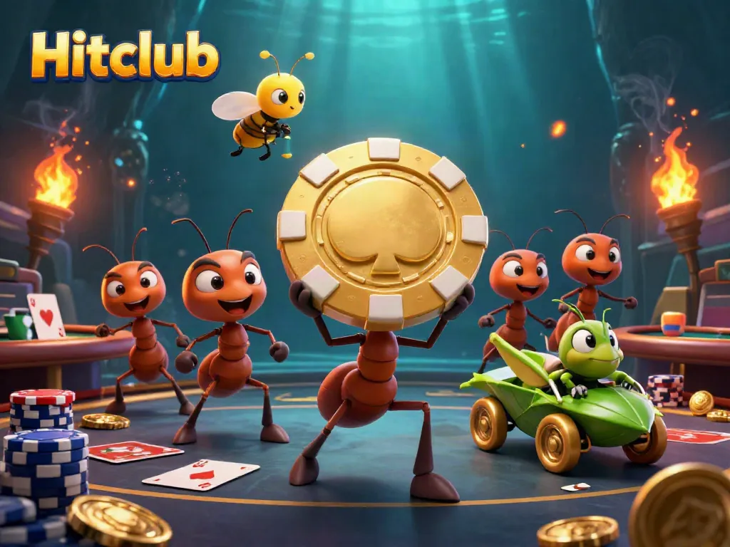 Hitclub ants executing a casino heist with poker elements and golden coins amidst dynamic action.