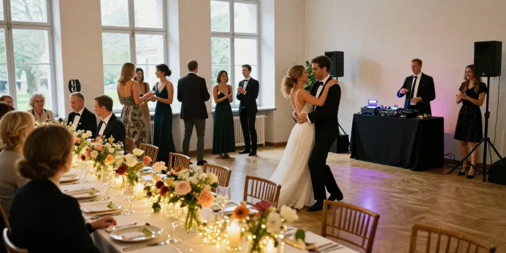 Hochzeit DJ Berlin Brandenburg setting with a vibrant reception, couples dancing, and DJ creating ambiance.