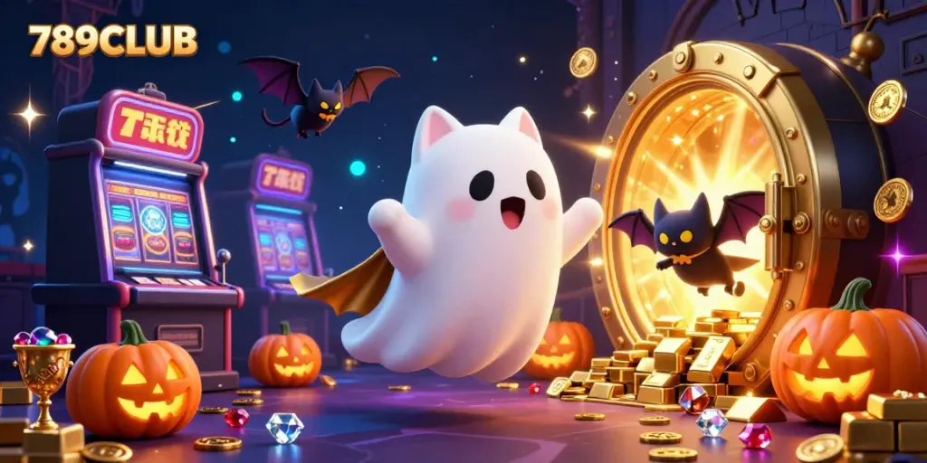 Engage in exciting gameplay at 789CLUB with a ghost cat and vampire bat in a haunted casino scene.