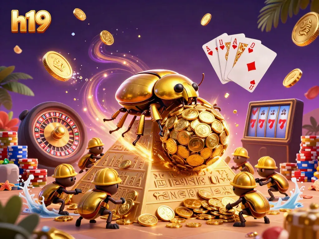 Engage with h19's vibrant casino world featuring golden coins, roulette wheels, and playful beetles.